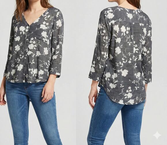 Fred David Tops - Fred David Large Womens Blouse Gray White Floral V Neck 3/4 Sleeve